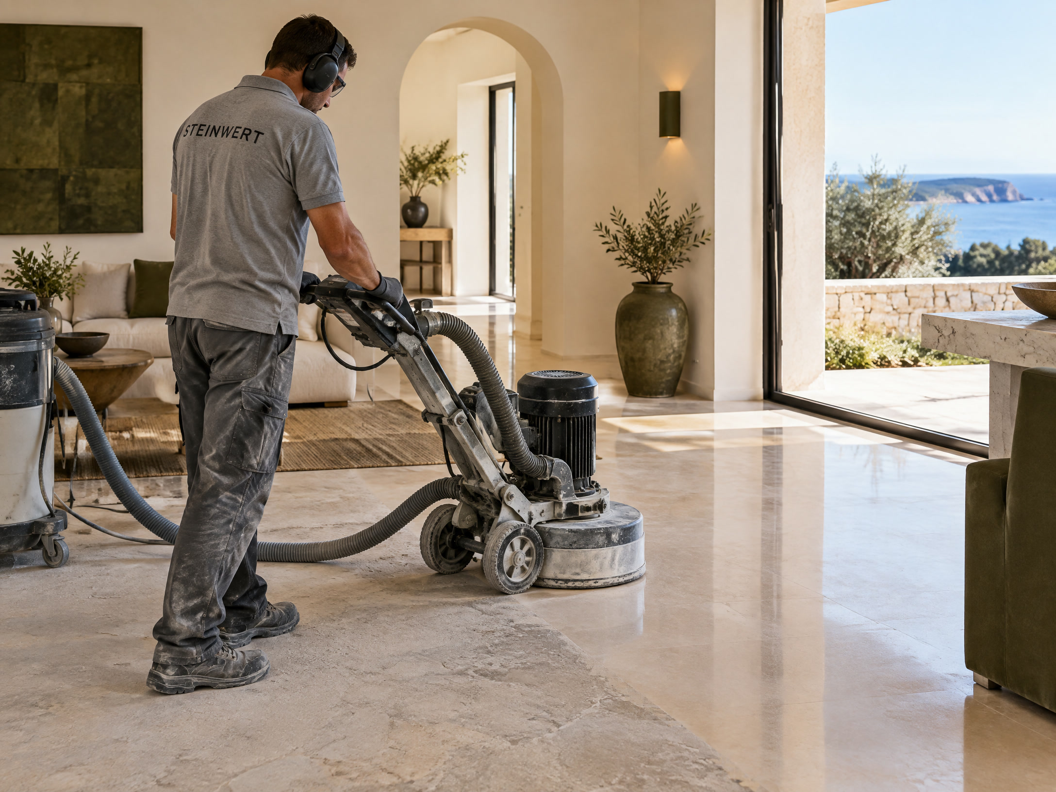 SteinWert craftsperson grinding a pale natural stone floor in an Algarve property